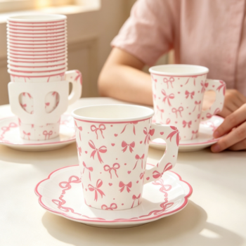 Girly-Style Pink Bow Paper Cup & Plate Set with Handles