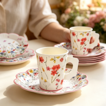 Wildflower-Print Scalloped-Edge Paper Cup & Plate Set with Handles