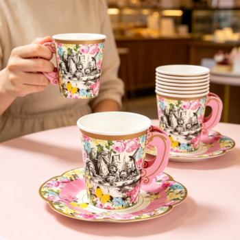 Vintage Fairy-Tale Style Rose-Print Paper Cup Set with Handles