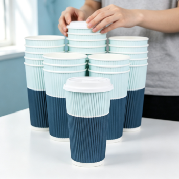 Blue Dual-Layer Corrugated Insulated Disposable Paper Cup with Lid