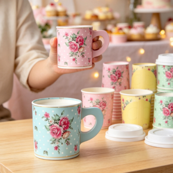 Macaron-Colored Polka-Dot & Rose Paper Cups with Handles