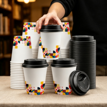 Modern Geometric Color-Block Paper Cup with Lid (Commercial Grade)