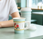 Mint Green Paper Cup with Gold-Rimmed Polka Dots, Rose Motif, and Handle