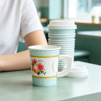 Mint Green Paper Cup with Gold-Rimmed Polka Dots, Rose Motif, and Handle