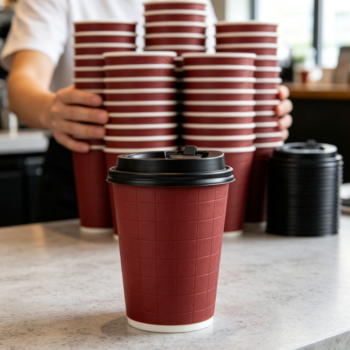 Vintage Burgundy Checkered Embossed Paper Cup with Lid (For Takeout)