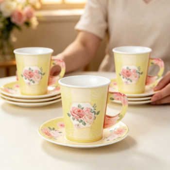 Warm Yellow Vintage-Style Rose-Print Paper Cup & Saucer Set with Handles