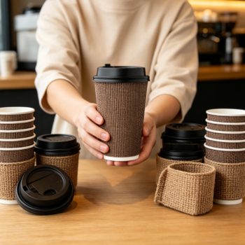 Retro Woven-Texture Coffee Paper Cup Set with Lids & Heat-Insulating Sleeves