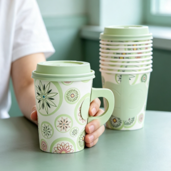 Fresh Mint Green Paper Cup with Handle & Circular Pattern