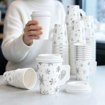 Winter-Themed Disposable Paper Cups with Handles (Silver Snowflake Design)