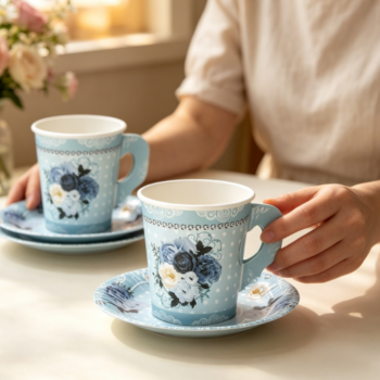 Dusty Blue Polka-Dot & Rose Paper Cup and Plate Set with Handles