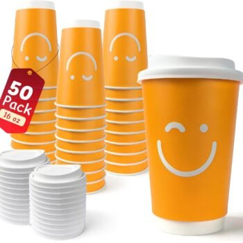 Double-walled insulated corrugated paper cups with matching leak-proof lids; suitable for takeout and office hot beverages.