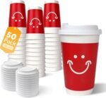 Double-walled insulated cups with black leak-proof lids; suitable for coffee shops and hot beverages at parties.