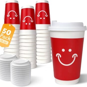 Double-walled insulated cups with black leak-proof lids; suitable for coffee shops and hot beverages at parties.