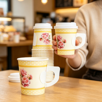 Cream-Yellow Polka-Dot & Rose Paper Cup with Handle (Affordable Luxury Style)