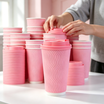 Soft Pink Ribbed Paper Cups with Lids (Non-slip)
