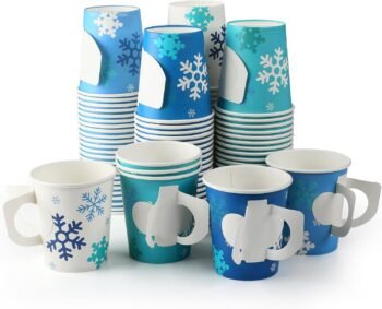 Winter Snowflake-Themed Paper Cups with Handles – Ideal for Holiday Parties and Gatherings