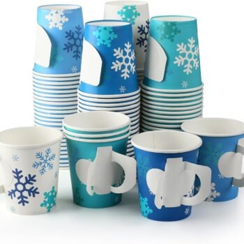Winter Snowflake-Themed Paper Cups with Handles – Ideal for Holiday Parties and Gatherings