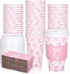 Disposable Coffee Cups with Bow Print (Includes Matching Lids and Insulated Sleeves)