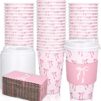 Disposable Coffee Cups with Bow Print (Includes Matching Lids and Insulated Sleeves)
