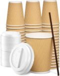 Kraft-style corrugated insulated coffee cup with matching lid; suitable for hot beverage takeout, travel, and office settings.