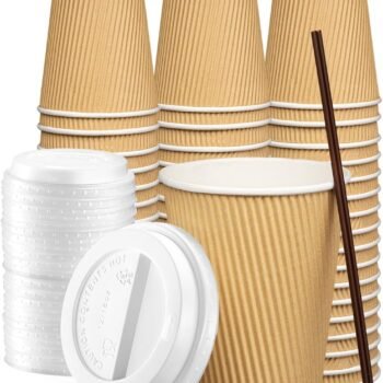 Kraft-style corrugated insulated coffee cup with matching lid; suitable for hot beverage takeout, travel, and office settings.
