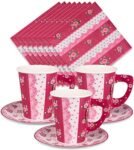 Pink Floral Paper Cup and Saucer Set with Handles – Ideal for Valentine's Day, Mother's Day Brunch, and Girls' Parties