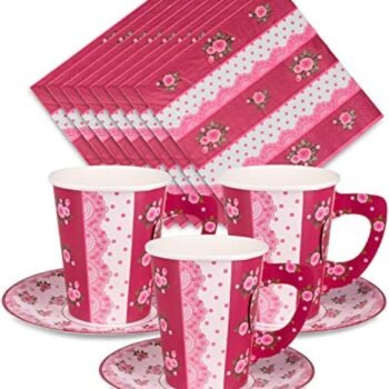 Pink Floral Paper Cup and Saucer Set with Handles – Ideal for Valentine's Day, Mother's Day Brunch, and Girls' Parties