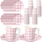 Pink Gingham Paper Cup and Plate Set with Handles
