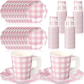Pink Gingham Paper Cup and Plate Set with Handles