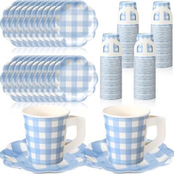 Blue Gingham Paper Cup (with Handle) and Plate Set – Serves 50 Guests (Suitable for Weddings & Baby Showers)