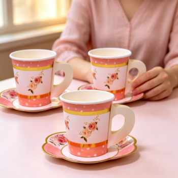 Rose-Themed "Affordable Luxury" Paper Cup Set with Handles & Gold Trim