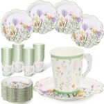Wildflower-Patterned Paper Cup and Saucer Set (9 oz, with Handle) – Ideal for Birthdays, Weddings, and Tea Parties