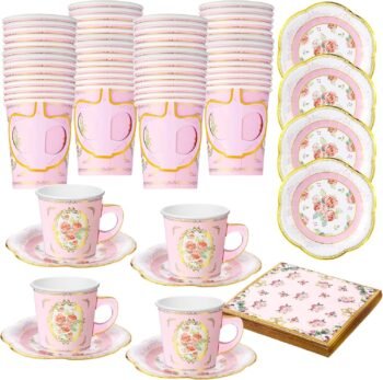 Pink Floral Paper Cup, Saucer, and Napkin Set (9 oz Cup with Handle)