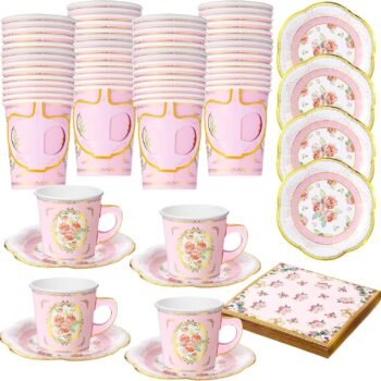 Pink Floral Paper Cup, Saucer, and Napkin Set (9 oz Cup with Handle)