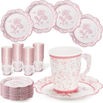 Pink Floral Paper Cup and Saucer Set (9 oz, with Handle)