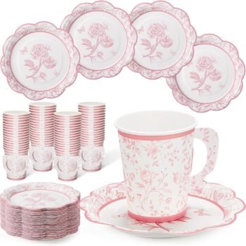 Pink Floral Paper Cup and Saucer Set (9 oz, with Handle)