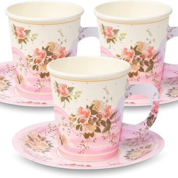 Disposable Tea Cup and Saucer Set with Handles – Floral Design, Suitable for Hot & Cold Drinks and Tea Party Settings