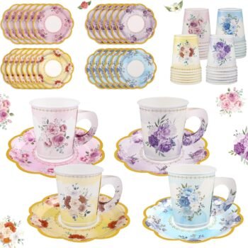 Watercolor Floral Tea Party Paper Cup Set (with Handles and Saucers) – Ideal for Mother’s Day and Baby Showers
