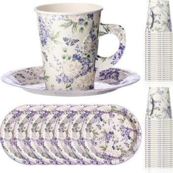 Violet and Peony Floral Paper Cup and Saucer Set with Handles – Ideal for Princess-Themed Birthdays and Wedding Tea Parties