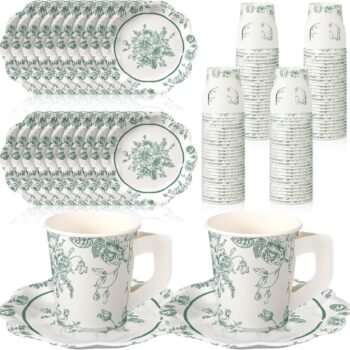 Floral-Patterned Paper Cup and Plate Set with Handles (Green Theme) – Suitable for Tea Parties and Weddings