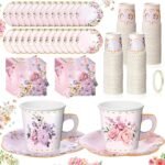 Floral Paper Cup Set with Handles (Includes Saucers and Napkins) – Ideal for Weddings, Birthdays, and Baby Showers