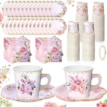 Floral Paper Cup Set with Handles (Includes Saucers and Napkins) – Ideal for Weddings, Birthdays, and Baby Showers