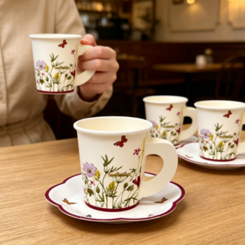 Vintage Woodland-Style Paper Cups with Handles & Scalloped Plates (Butterfly & Floral Motif)