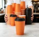 Vibrant Orange Paper Cup with Checkered Texture & Lid