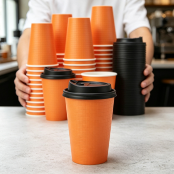 Vibrant Orange Paper Cup with Checkered Texture & Lid