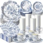 Blue Floral Tea Party Supplies (for 36 Guests): Blue-and-White Porcelain Style Handled Cups and Saucers