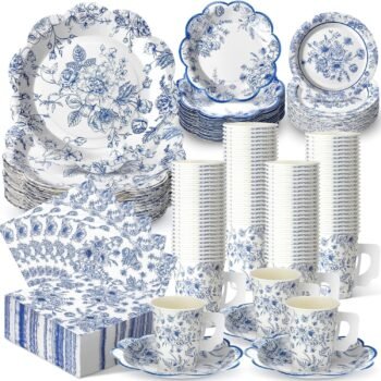 Blue Floral Tea Party Supplies (for 36 Guests): Blue-and-White Porcelain Style Handled Cups and Saucers