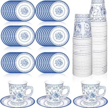 Blue and White Floral Paper Cup and Saucer Set with Dessert Plates (9 oz) – Ideal for Weddings and Spring Tea Parties